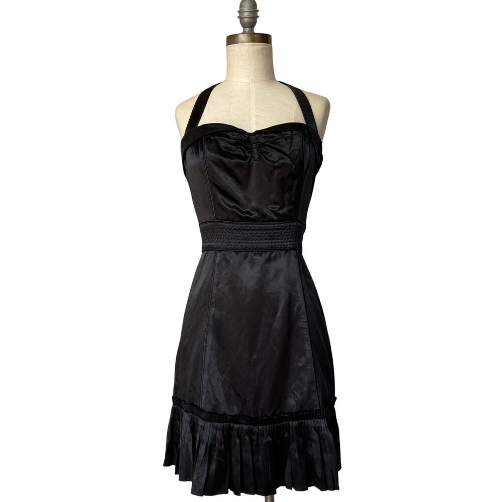 Marc Jacobs Rockabilly Dress Size 4 Black Satin‎ Ruffle Halter Bombshell pinup